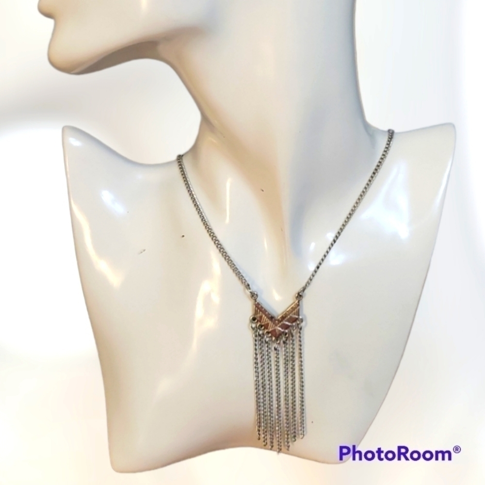 5/$25 Silvertone Chevron Fringe Long Chain Lavalier Necklace